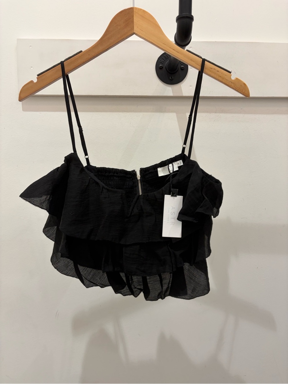 Astr Black Ruffled Spaghetti Strap Crop Top PM